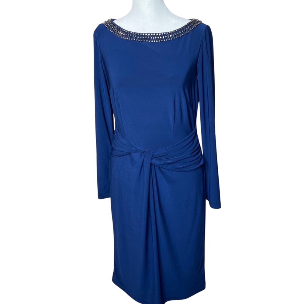 Adrianna Papell Embellished Midi Dress Size 4 Navy Blue Pleated Ruched Party